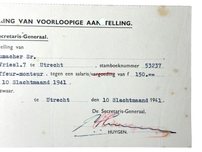 Original WWII Dutch NSB 'Approval of Provisional Appointment' document signed by Secretary General Huygen