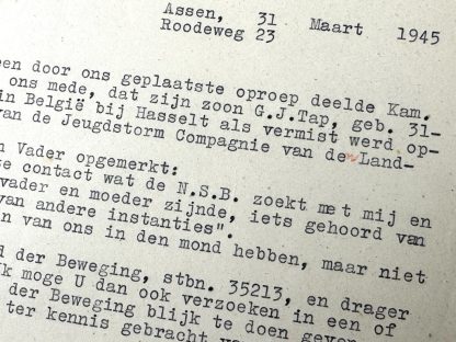 Original WWII Dutch NSB document regarding missing SS man from the Jeugdstorm Compagnie of Landstorm Nederland near Hasselt