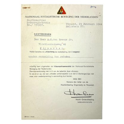 Original WWII Dutch NSB document Pijnacker 1944