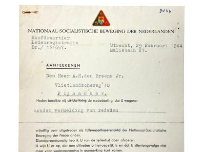 Original WWII Dutch NSB document Pijnacker 1944