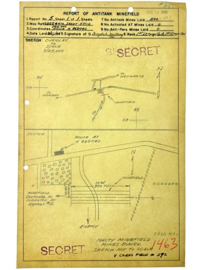 Original WWII US Battle of the Bulge antitank minefield sketch/map