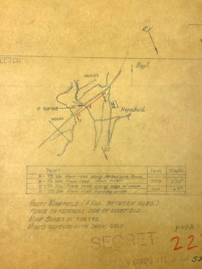 Original WWII US antitank minefield sketch/map of the town of Hepscheid