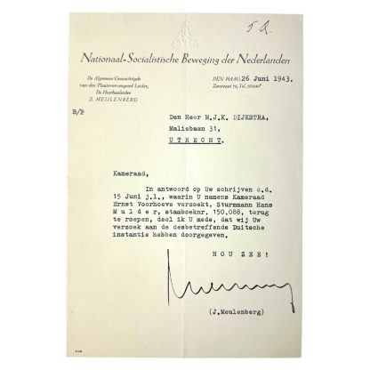 Original WWII Dutch NSB signed document by J.Meulenberg