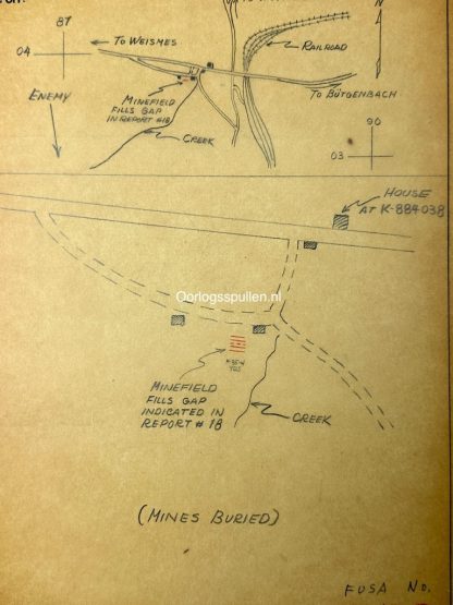 Original WWII US Battle of the Bulge antitank minefield sketch/map area of Sankersborn and Oberweywertz
