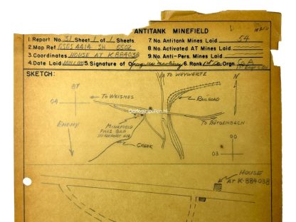 Original WWII US Battle of the Bulge antitank minefield sketch/map area of Sankersborn and Oberweywertz