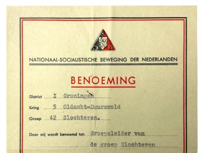Original WWII Dutch NSB nomination document for the group leader of Slochteren (Groningen)