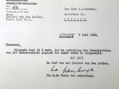 Original WWII Dutch NSB document regarding the Memorial of the Dutch Volunteer Legion signed by Scheltinga