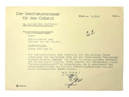 Original WWII Dutch NSB almanak with letter from the Reichskommissar für das Ostland