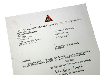 Original WWII Dutch NSB document regarding the Memorial of the Dutch Volunteer Legion signed by Scheltinga