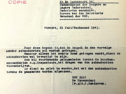 Original WWII Dutch NSB W.A. letter from Zondervan about wearing the NSB shoulder strap