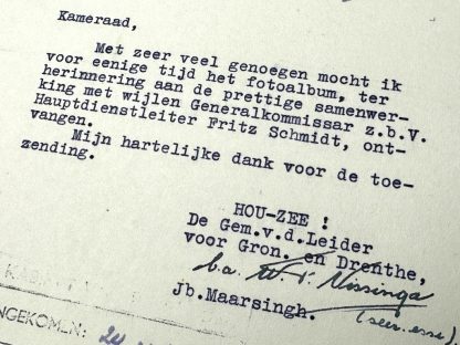 Original WWII Dutch NSB letter regarding the photo album Generalkommissar Hauptdienstleiter Schmidt