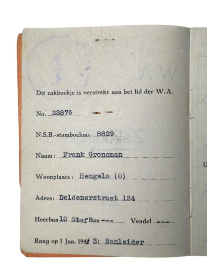 Original WWII Dutch NSB W.A. ID booklet
