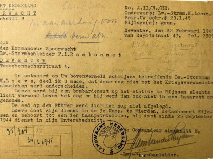 Original WWII Dutch 'Landwacht Nederland' document regarding the bombing of railroad station Rijssen