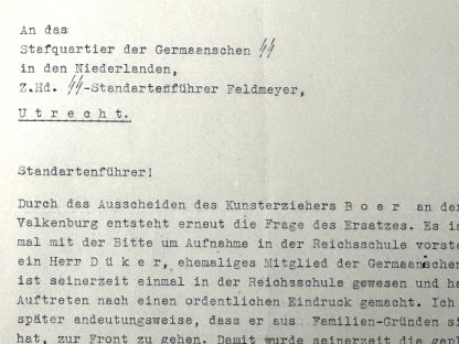 Original WWII Germaansche SS letter with autograph from Reichsschule Valkenburg educational director Ernst Debusmann