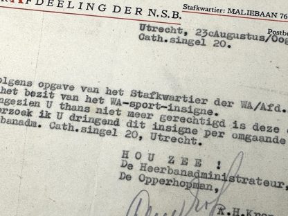 Original WWII Dutch NSB W.A. document regarding the W.A. Sports badge