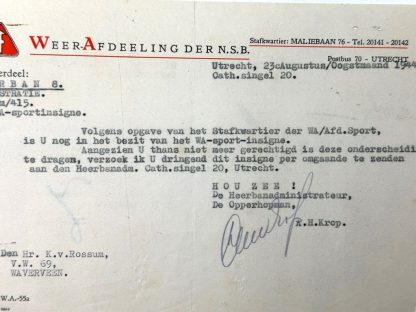 Original WWII Dutch NSB W.A. document regarding the W.A. Sports badge