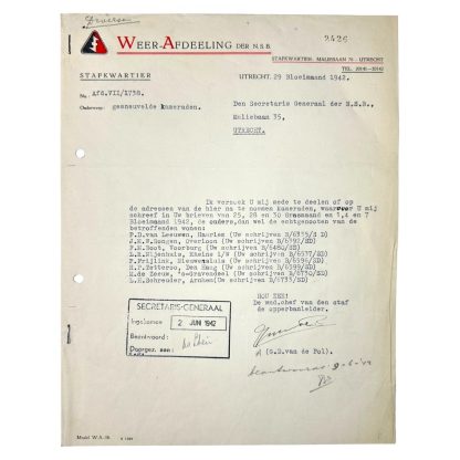 Original WWII Dutch NSB W.A. document regarding KIA Dutch volunteers