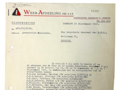 Original WWII Dutch NSB W.A. document regarding KIA Dutch volunteers