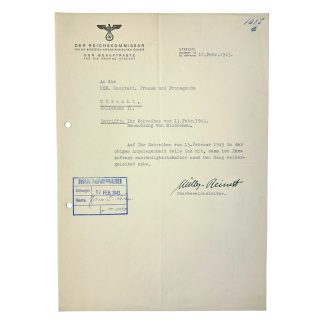 Original WWII German Oberbereichsleiter Müller Reinert signed letter to NSB propaganda department