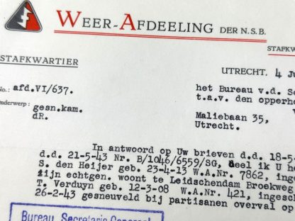 Original WWII Dutch NSB document hand signed by Zondervan regarding KIA Dutch Waffen-SS volunteers