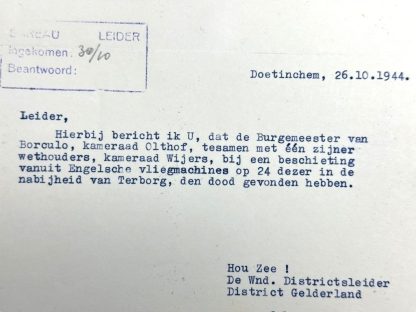 Original WWII Dutch NSB letter from Anton Mussert's possession about the mayor of Borculo