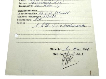 Original WWII Dutch NSB re-registration document Den Ham/Utrecht