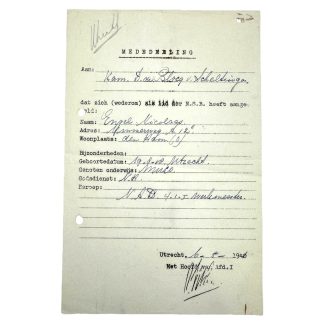 Original WWII Dutch NSB re-registration document Den Ham/Utrecht