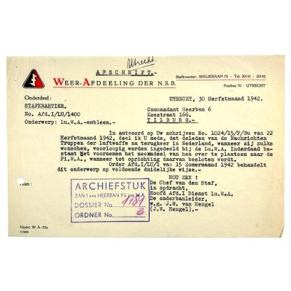 Original WWII Dutch NSB W.A. document Tilburg/Utrecht regarding the Luchtvaart Weerafdeling