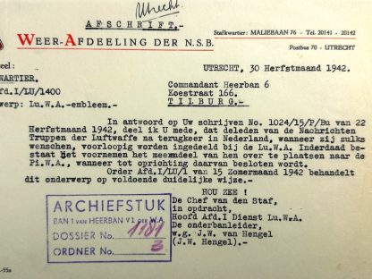 Original WWII Dutch NSB W.A. document Tilburg/Utrecht regarding the Luchtvaart Weerafdeling