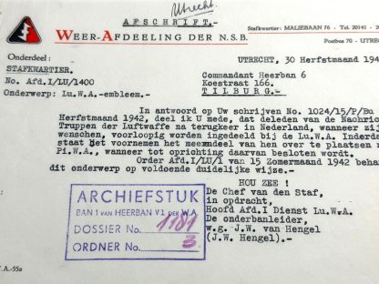 Original WWII Dutch NSB W.A. document Tilburg/Utrecht regarding the Luchtvaart Weerafdeling