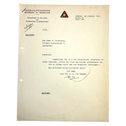 Original WWII Dutch NSB letter with Anton van Vessem signature