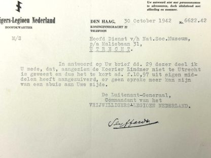 Original WWII Dutch Waffen-SS volunteer legion letter from the commander Seyffardt