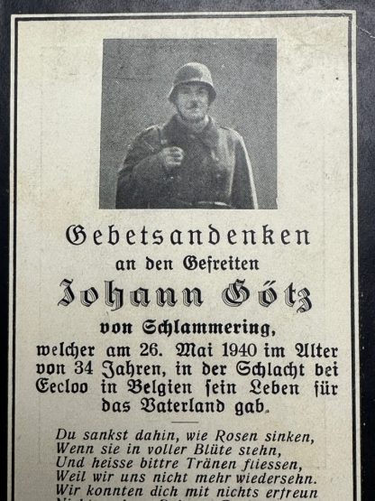 Original WWII German death card Eeklo May 1940 (Belgium)