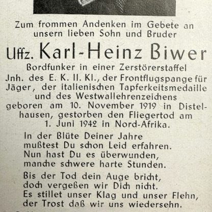 Original WWII German Luftwaffe death card - Crashed in North Africa Sterbebild der deutschen Luftwaffe - Abgestürzt in Nordafrika