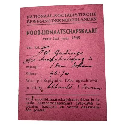 Original WWII Dutch NSB Emergency (Temporary) membership card 1945!