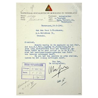Original WWII Dutch NSB Terneuzen (Zeeland) document regarding the Joris van Severen badge