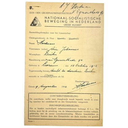 Original WWII Dutch NSB application form of a member from Zuilen (Utrecht)