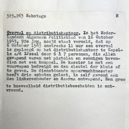 Original WWII Dutch NSB document regarding a resistance action in Capelle aan den IJssel (Zuid-Holland)