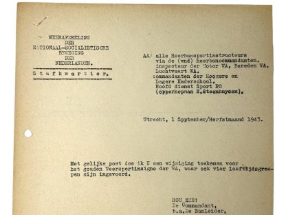 Original WWII Dutch NSB document regarding the W.A. sportinsigne in gold