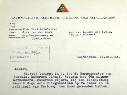 Original WWII Dutch NSB letter from Anton Mussert's possession about the mayor of Borculo