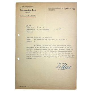 Original WWII German Org. Todt letter send to the Dutch publisher 'Hamer'