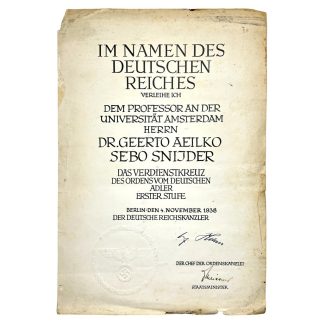 Original WWII German 'Verdienstkreuz des orders von Deutschen Adler Erster Stufe' from Dutch SS member and archaeologist Geerto Aeilko Sebo Snijder (Personally awarded by Adolf Hitler)