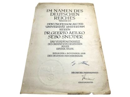 Original WWII German 'Verdienstkreuz des orders von Deutschen Adler Erster Stufe' from Dutch SS member and archaeologist Geerto Aeilko Sebo Snijder (Personally awarded by Adolf Hitler)