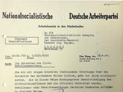 Original WWII German NSDAP in den Niederlanden document regarding a KIA Dutch Waffen-SS volunteer