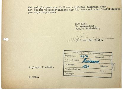 Original WWII Dutch NSB document regarding the W.A. sportinsigne in gold