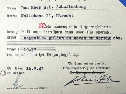 Original WWII Dutch Waffen-SS Vrijwilligers Legioen Nederland welfare fund card