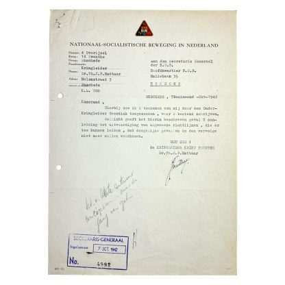 Original WWII Dutch NSB two documents from the Kringleider of Twente