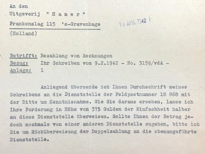Original WWII German Org. Todt letter send to the Dutch publisher 'Hamer'