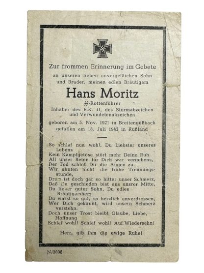 Original WWII German Waffen-SS death card