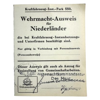 Original WWII German 'Wehrmacht-Ausweis für Niederländer' Den Haag
